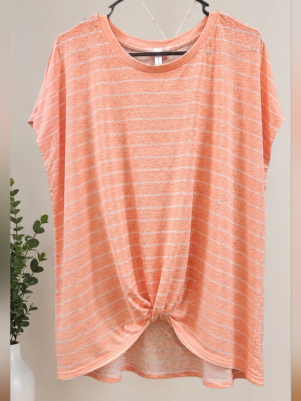 BUNULU Peach White Striped Knot Front Top 1X Plus Size Lightweight Casual Tee